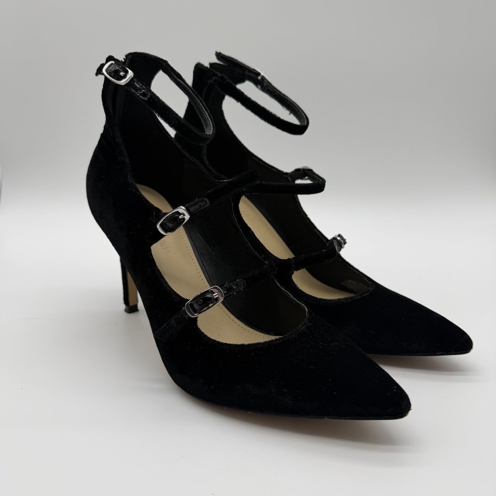 Marc Fisher Black Velvet Triple Strap Pointed-Toe Heels Mary Jane Pumps Size 7.5
